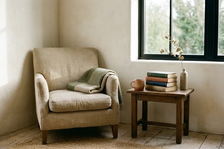 A quiet studio corner: a linen armchair beside a small wooden table stacked with well-read books and a stoneware cup
