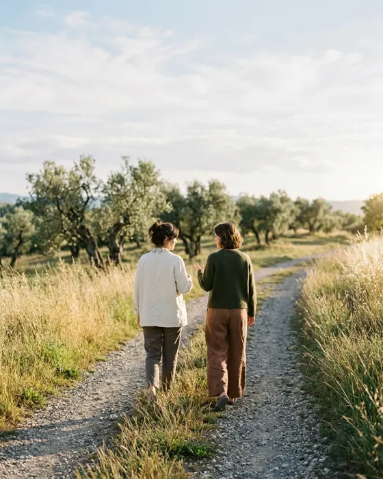 Two people walking and talking along a gravel path through an olive grove in late afternoon light