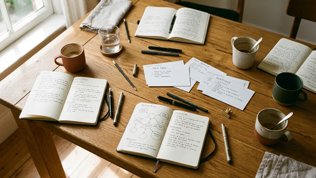 An oak table after a small workshop: open notebooks with handwritten notes and diagrams, pens, and coffee cups in raking window light